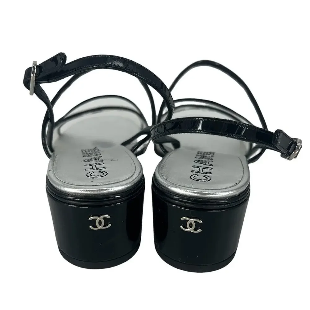 Chanel 2017 Sequin‎ Patent Leather Trim CC Heel Sandals 38C